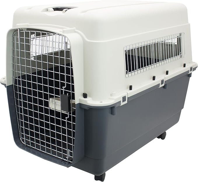SportPet Airline Compliant XX-LARGE 36" Travel Dog Kennel-Durable Plastic Airline Pet Carrier w/ Removable Wheels & Food Bowls, Collapsible Indoor/Outdoor Dog Kennel, Dogs up to 36"L & 27"H-Cream/Gray