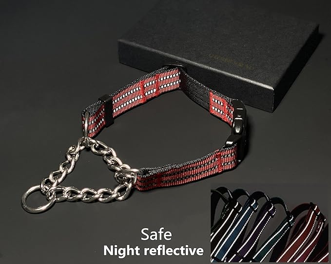 Martingale Collars for Dogs, Heavy Duty Stainless Steel Chain Training Collar, Reflective Nylon Adjustable Collar with Quick Release Buckle, Suitable for Puppy Medium Large Dogs (Red, XS)