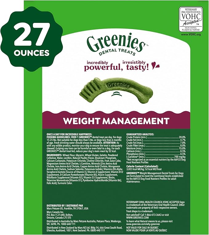 Greenies Veterinarian-Recommended Adult Natural Dental Dog Treats Petite Size, Weight Management Dog Dental Chews, 27 oz. Pack, 45 Count