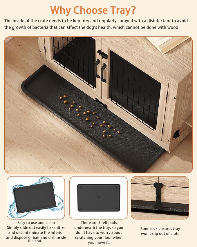 Piskyet Wooden Dog Crate Furniture with 360°Rotatable Removable Dog Bowls, Dog Crate End Table with Tray(L:37.7" L*25.1" W*26.1" H, Gray)