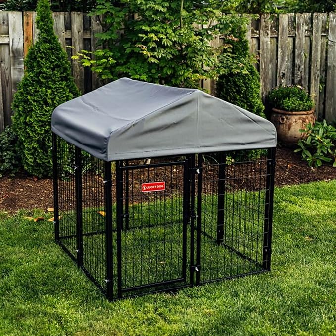 Lucky Dog Stay Series Studio Jr. Kennel – Premium Design, Waterproof and UPF 50+ Canopy Cover, All-Steel Frame, 4'W x 4'L x 4'4"H, Steel Grey