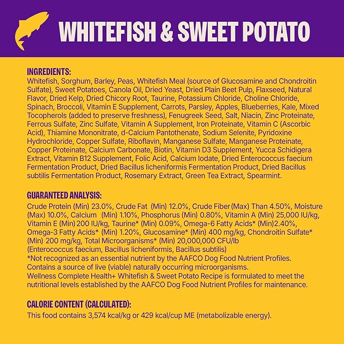 Wellness Complete Health+ Dry Dog Whitefish & Sweet Potato Recipe (20 Pound Bag)