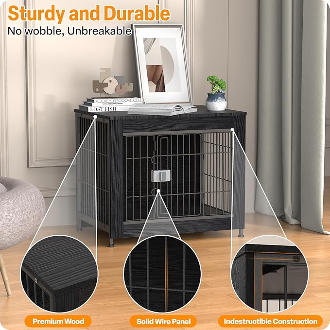 Furniture Style Dog Crate, 27" Wooden Dog Kennel End Table with Solid Top, Indoor Pet Crate House with Secure Slide Lock, Modern Dog Cage Furniture for Small & Medium Dogs, Black