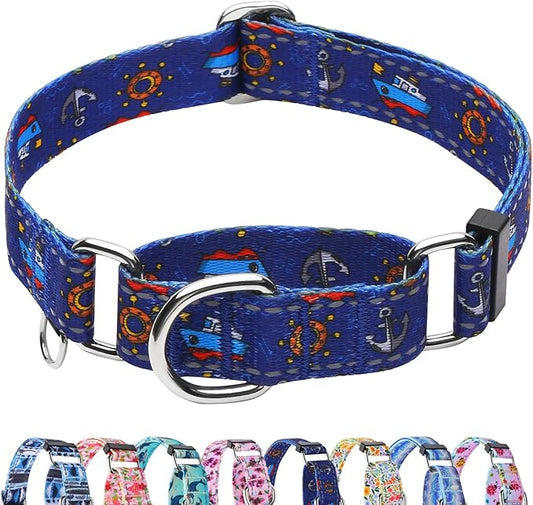 Reflective Martingale Collar for Dogs Nylon Training Collar with No Buckle, No Pull Boy Male Dog Collar for Small Dogs（Navy Blue Sailboat，S）