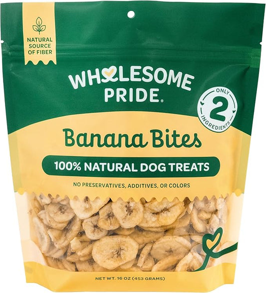 Wholesome Pride Banana Bites Dog Treats – 2-Ingredient Banana Chips for Dogs, Grain-Free, Banana & Coconut Oil, 16 oz
