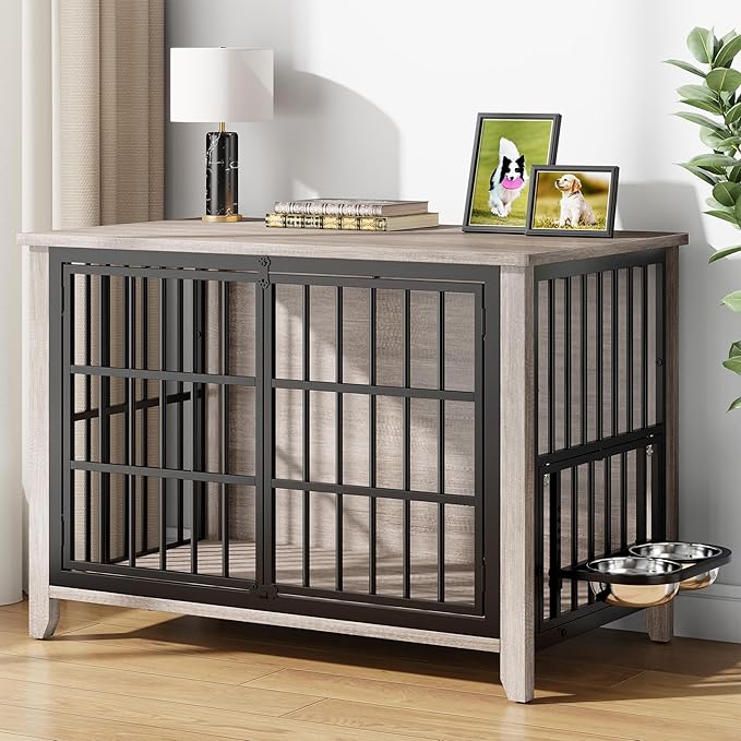 37.7" Dog Crate Furniture, Wooden Dog Kennel Indoor with 360° Rotating Feeder and 2 Adjustable Bowls, Multi-Functional Decorative Side End Table Dog Cage for Medium Dogs, Grey