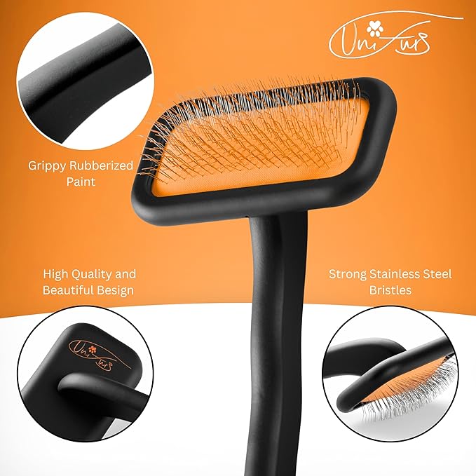 Black Medium Dog Slicker Brush for Dogs and Cats Grooming | Detangle, Fluff & Volumize | Soft Vented Cushion | Matt Rubberized Paint | Ergonomic Handle | Wire Brush | Orange Details