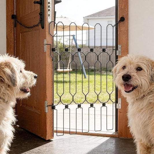 Metal Retractable Dog Gate for Front Door, Adjustable Pet Barrier for Doorways, Easy Open Door Blocker for Dogs and Cats, Foldable Space-Saving Gate for Apartments, RVs Indoor Outdoor