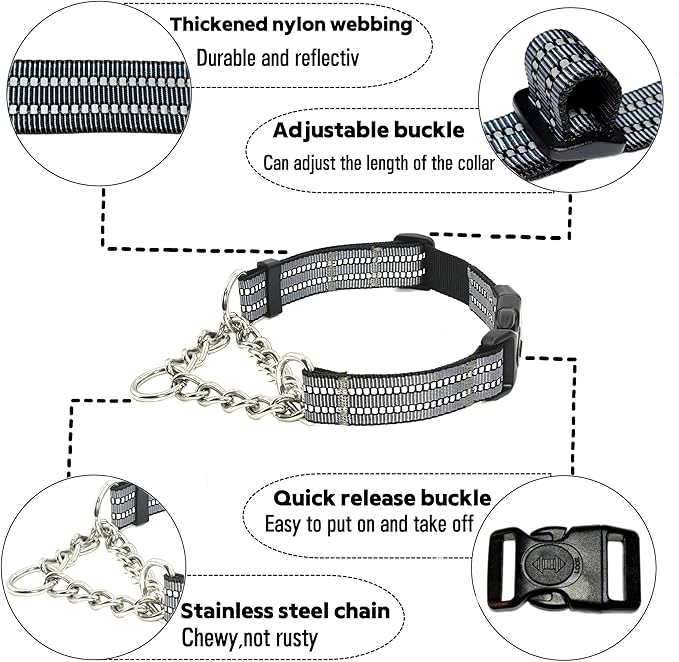Martingale Dog Collars, Reflective Nylon Collar with Stainless Steel Chain, Adjustable Walking Training Dog Collars with Quick Release Buckle, Suitable for Small Medium Large Dogs(Gray,XL)