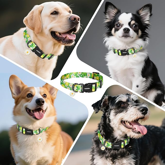 Kazazoo Dog Collar Cute and Soft Nylon Puppy Collar for Boy and Girl, Adjustable Dog Collars for Small Medium Dogs, Green Daisy-M
