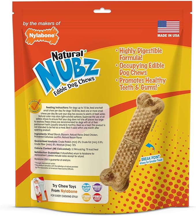 Nylabone Nubz Natural Dog Chew Treats for Small Dogs, Long Lasting Dog Bones Made in USA, Chicken Flavor Breath Freshener Dental Chews, for Dogs Up to 25 lbs. (36 Count)