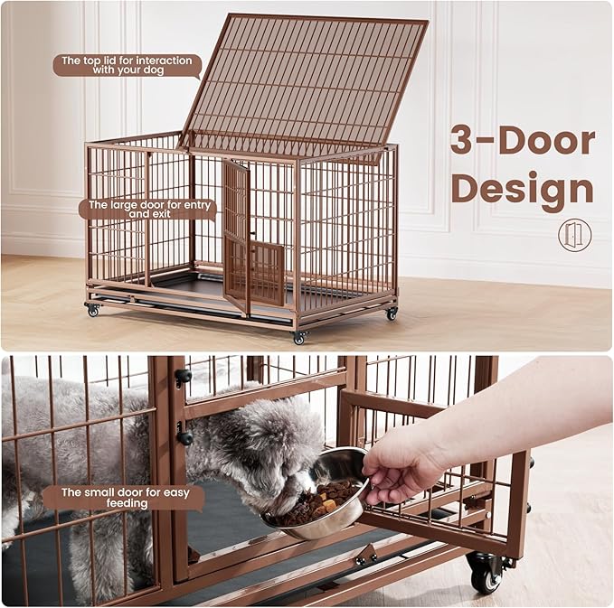 Gardner Pet 32 inch Stackable Heavy Duty Dog Crate,Indestructible Escape-Proof Dog Kennel for Small Dogs,High Anxiety Dog Cage with Upgraded Lockable Wheels，Removable Tray & Triple Door,Brown