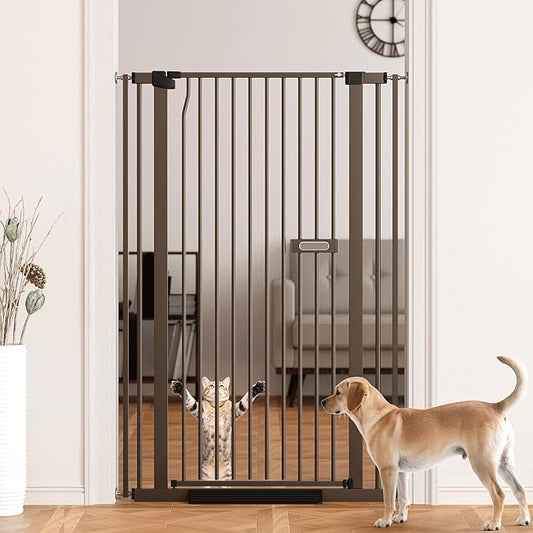 55.1" Extra Tall Dog Gate for StairsDoorways, Cat Gate Indoor for Doorways/Hallways/Kitchen, 30.1-33.8"" Wide Include 4.13" Extension Kits, No Drilling Auto Close High Pressure Mounted, Brown