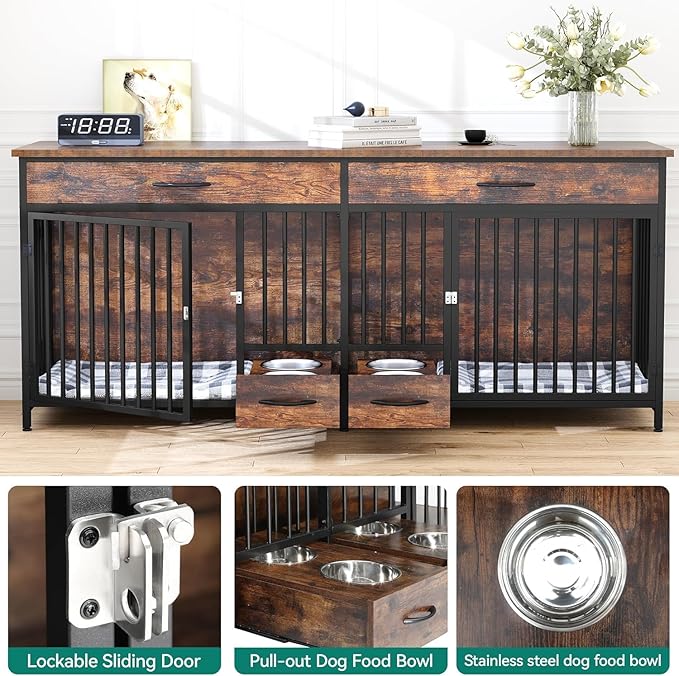 YITAHOME 91.3" Double Dog Crate Furniture with Dog Feeder, Heavy Duty Indoor Dog Kennel TV Stand with Drawers, Sturdy Dog Kennel with Divider for 2 Medium Large Dogs, Brown