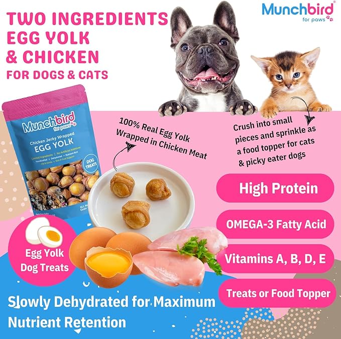 Munchbird Dehydrated Chicken Jerky Wrapped Egg Yolk Dog Treats, high-Protein Dog Food Topper with no fillers. Natural Alternative to Freeze-Dried Quail Egg Yolk. Healthy Dog Treats, 7 oz, 20–30 pcs.