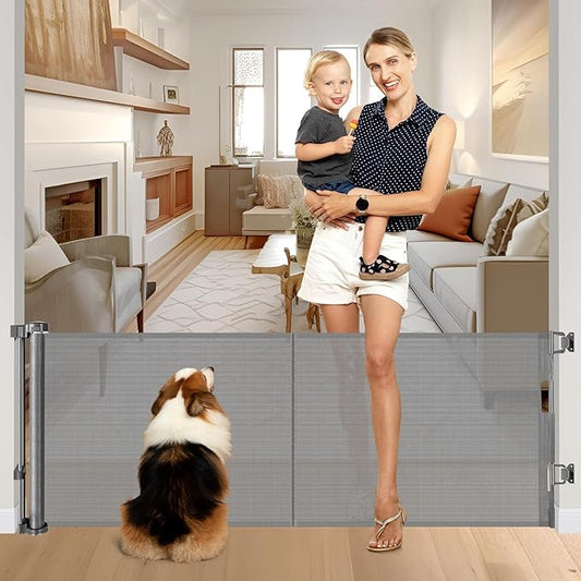 Reinforced 28-Inch Tall Retractable Baby Gates for Doorways, Walk Through Pet Gate for Stairs, Short Baby Gate with Support Rods, 55 Inch Wide Mesh Gate Retractable Gate Small Dog Gate, Gray