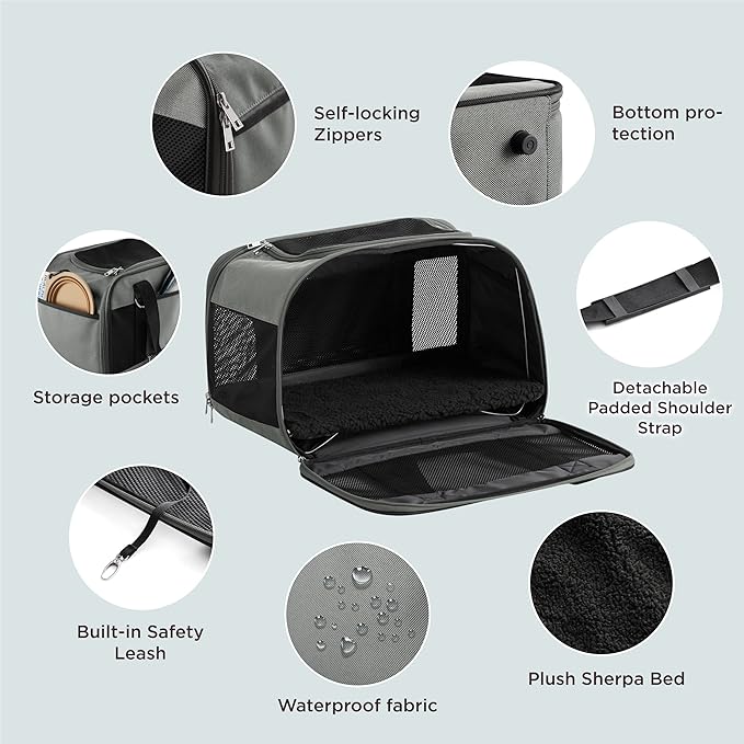 Lesure Cat Dog Carrier Airline Approved - Dog Carrier for Small Dogs Collapsible Soft Side TSA Approved Travel Pet Carrier for Car, Grey, 17.5x11x11