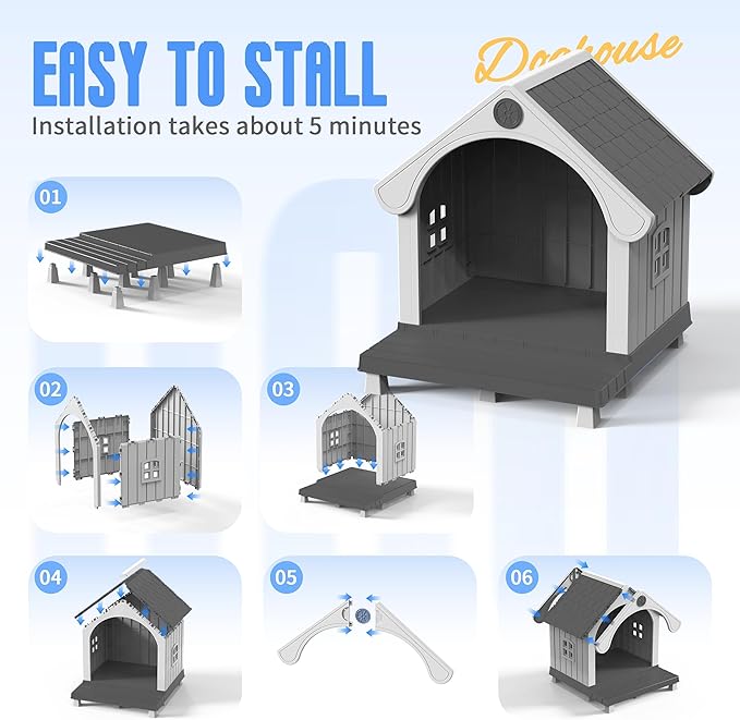 DRATO Large Dog House Outdoor Indoor, Sturdy Plastic Waterproof Doghouse with Air Vents and Elevated Floor, Easy Clean & Assemble for Medium Large Dogs (Black, 33" L×31.5" W×38" H)