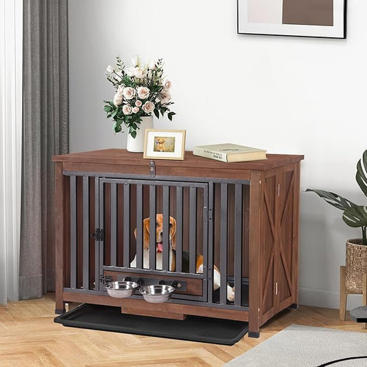 Dog Crate Furniture, Foldable Wooden Dog Kennel Furniture with 360° Rotating Feeding Bowls, Iron Frame Dog Crate with Deepened Sliding Tray - Dark Brown