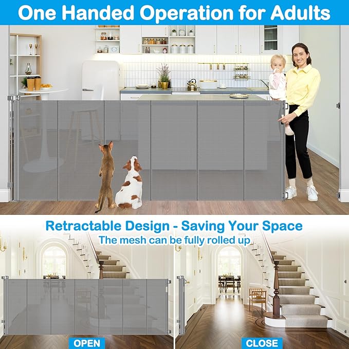 Reinforced 42" Extra Tall Retractable Baby Gate-Prevent Crawling Under, 200" Retractable Pet Gates for Wide Openings, 16ft Mesh Child Gates for Wide Openings, No Bottom Bar Indoor/Outdoor Baby gate