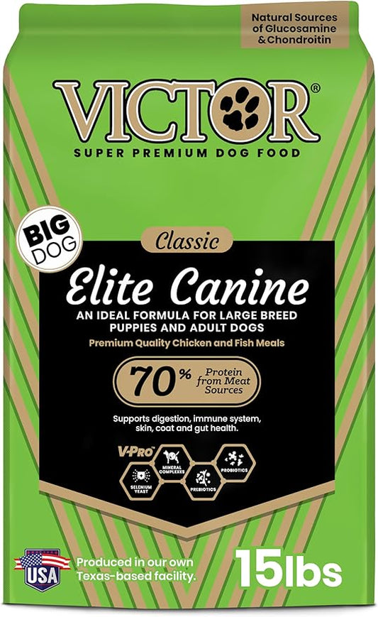 VICTOR Super Premium Dog Food – Elite Canine Dry Dog Food with Chicken & Fish Meal – 25% Protein, 14% Fat, Gluten Free – for Large Breed Dogs & Puppies, 15lbs