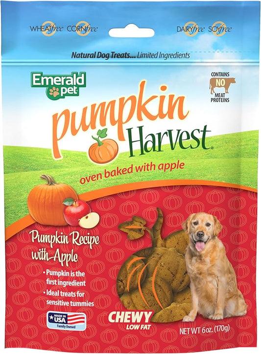 Emerald Pet Pumpkin Harvest Dog Treats — Low-Fat Chewy Natural Treats with Pumpkin for Digestive Health — Meat Free, Poultry Free, Wheat Free — Apple, 6 oz