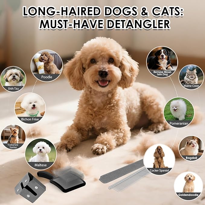 Large Slicker Brush for Dogs,Doodle Brush for Poodles, Goldendoodles, Labradoodle, Extra Long Pins for Detangling Matted Fur & Removing Tangle, Dog Grooming Kit with Wooden Handle. Black
