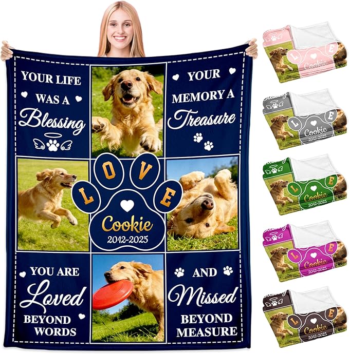 Pet Memorial Gifts for Dogs Personalized Dog Blanket with Photo Name Dog Memorial Gifts for Loss of Dogs Pet Sympathy Remembrance Gift Cat Memory Gift for Loss of Cat