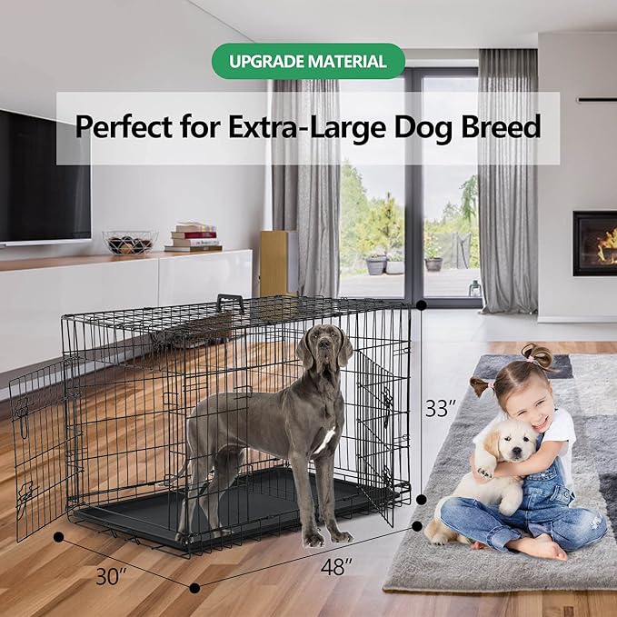 48'' Foldable Metal Wire Dog Crate Double Door, Folding Portable Cage, Collapsible Heavy Duty Extra-Large w/ Leak-Proof Pan/Divider/Handle, Kennel for Dogs Indoor