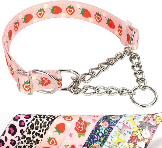 Pink Strawberry Martingale Dog Collar with Chain - No-Pull Training Collar Soft & Durable Design for Medium, Large & XL Dogs (XL Strawberry)
