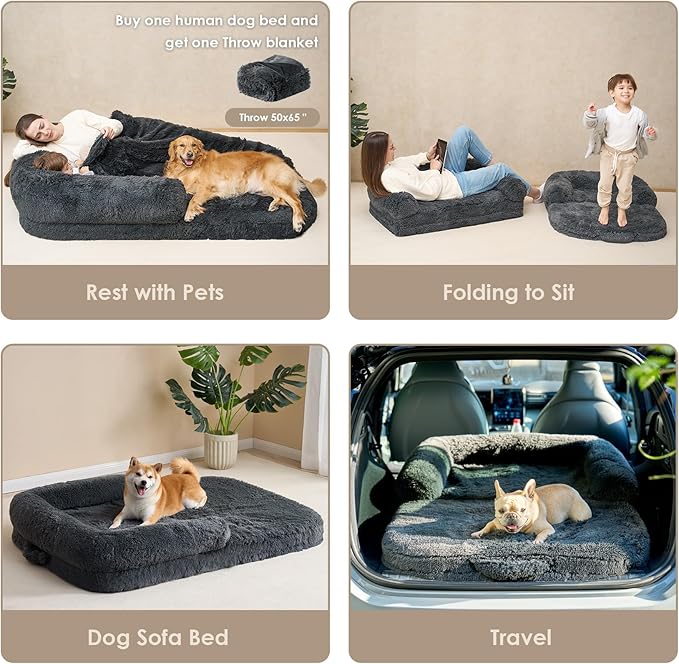 EHEYCIGA Foldable XL Dog Bed, 46"x34"x6.5" Faux Fur Fluffy Pet Couch Bed for Large Dogs, Orthopedic Calming Memory Foam Big Pet Bed, Washable Soft Pet Sofa Bed with Non-Slip Bottom, Dark Grey