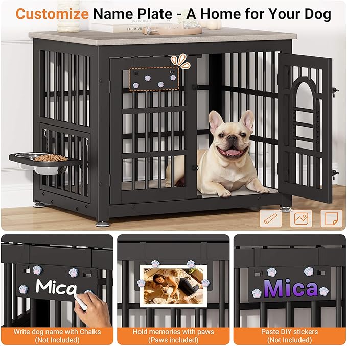 Dog Crate Furniture with Name Tag, Dog Kennel Indoor with 360° Rotating Feeder and Adjustable Heights Bowls, Wooden Decorative Pet Cage End Table for Small Dogs, Grey 31.5" L