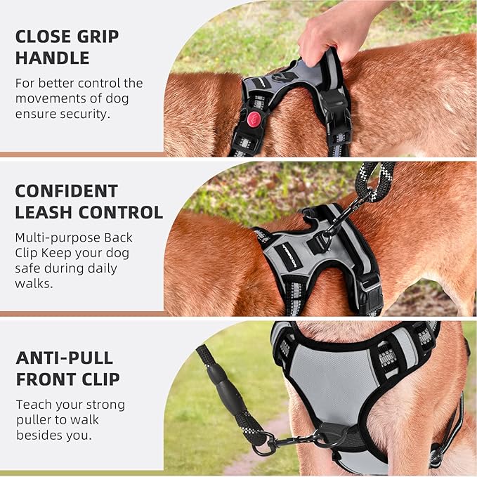 No Pull Dog Harness with A Free Heavy Duty 5ft Dog Leash, Adjustable Soft Padded Dog Vest, Reflective No-Choke Pet Oxford Vest with Easy Control Handle and Dog Leash for Dogs (Grey, X-Large)