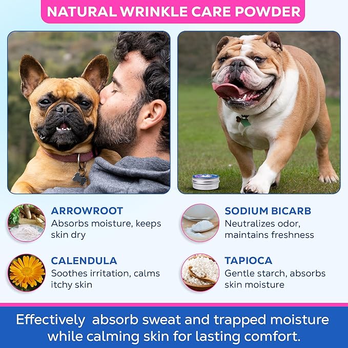 Bulldog Wrinkle Care Powder - Moisture & Odor Control Absorb Tears - Natural Soothing Formula with Arrowroot & Calendula - for Face Wrinkles, Skin Folds, Tail Pockets & Butt, with Face Brush- 50 g