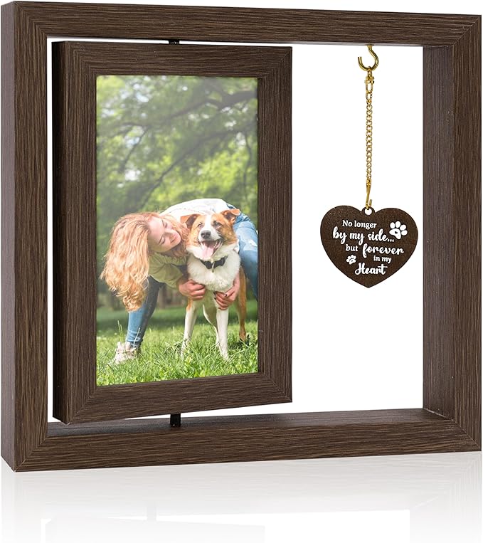 Pet Memorial Gifts for Loss of Dogs, Rotating Wooden Picture Frame for 4x6 Photo, Dog Memorial Sympathy Gifts for Dogs Cats, DIY Pet Loss Frame for Owners, Dog Funeral Remembrance Gift, Brown