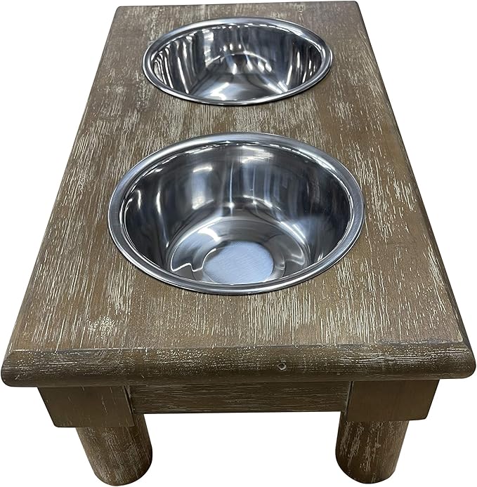 | Adjustable Dog Feeder - 3 Height Levels - Aluminum Bowls - Washed Oak Finish - Farm House Pet Supplies - 16" Tall - 12" Tall - 8" Tall