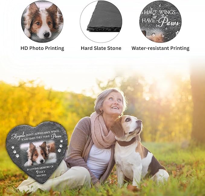 Wrappiness Pet Memorial Stone - Angels Sometimes Have Paws, Personalized Dog Memorial Gifts, Remembrance Condolence Bereavement Gifts for Loss of Pet Custom Photo (Heart 03, Stone with Stand)