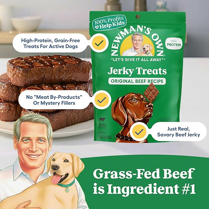 Newman's Own Original Beef Jerky Dog Treats, 25 oz Value Size Bag — High Protein, Grain Free, Grass-Fed Beef as First Ingredient, Chewy Wholesome Rawhide Alternative