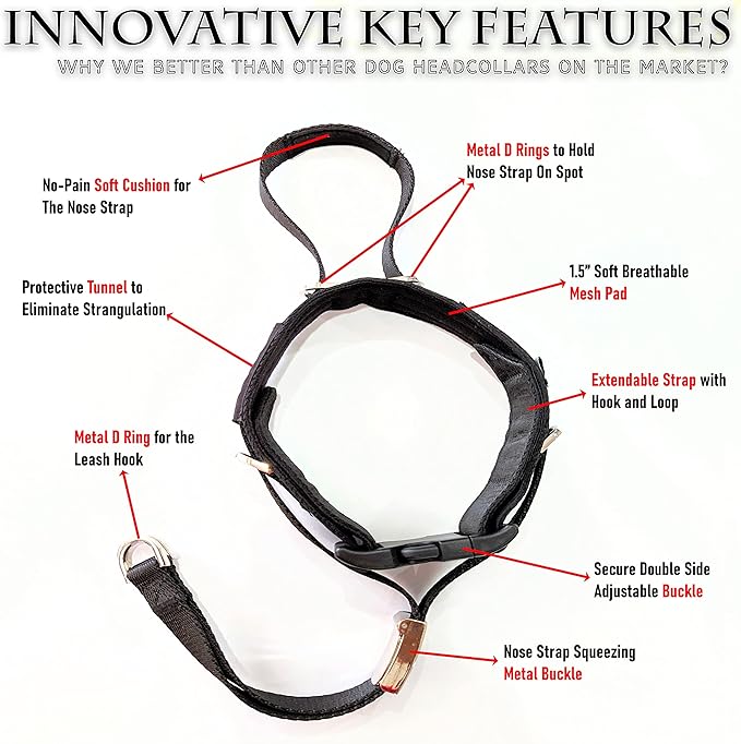 PetsProMax No-Pull Dog Headcollar for Large Dogs (Agressive/Reactive Dogs; Instant Stop Pulling; Gentle Training Collar for Dogs; Comfortable, Safe, and Effective Walking/Training Solution (Black, L)