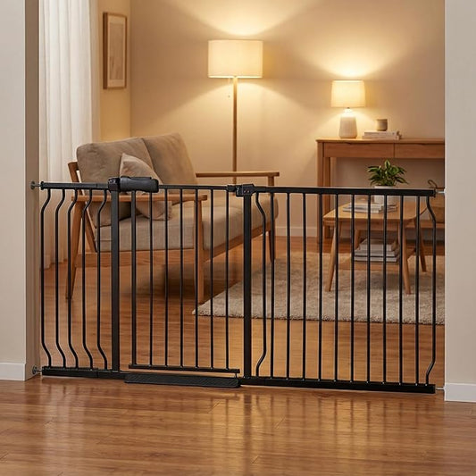 Wide Baby Gate 67-71.5 Inch Heavy Duty Steel Safety for Stairs, Pressure-Mounted Indoor Dog, No Drilling, Modern Home Design, Black