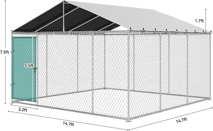 YITAHOME 14.8'x14.8' Large Outdoor Dog Kennel with Metal Dog Gate, Dog Pens Outside with Roof, Dog Fence Outdoor for Yard