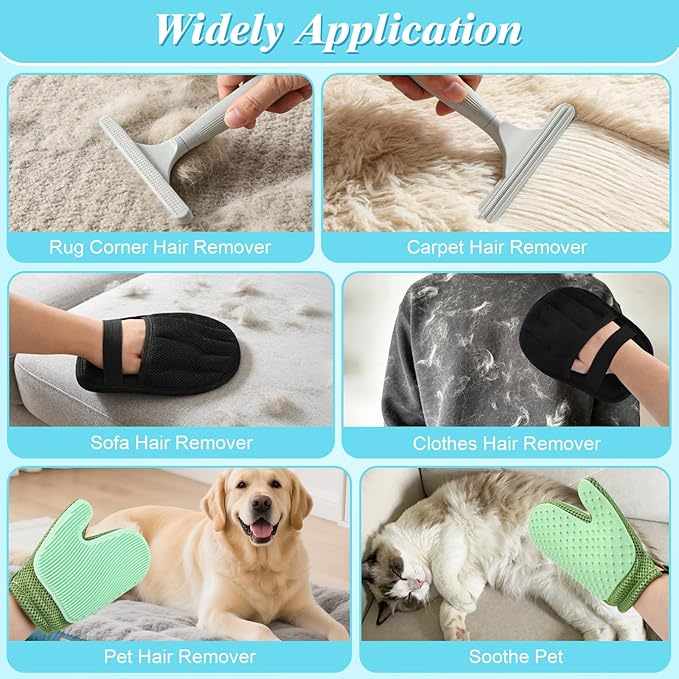 4 in 1 Carpet Rake for Pet Hair Removal - Reusable Pet Hair Removal Glove for Dog Cat Fur Remover, Contain 23-54" Rubber Broom, Silicone Comb Gloves, Magic Brush and Small Scraper for Sofa, Rugs, Mats