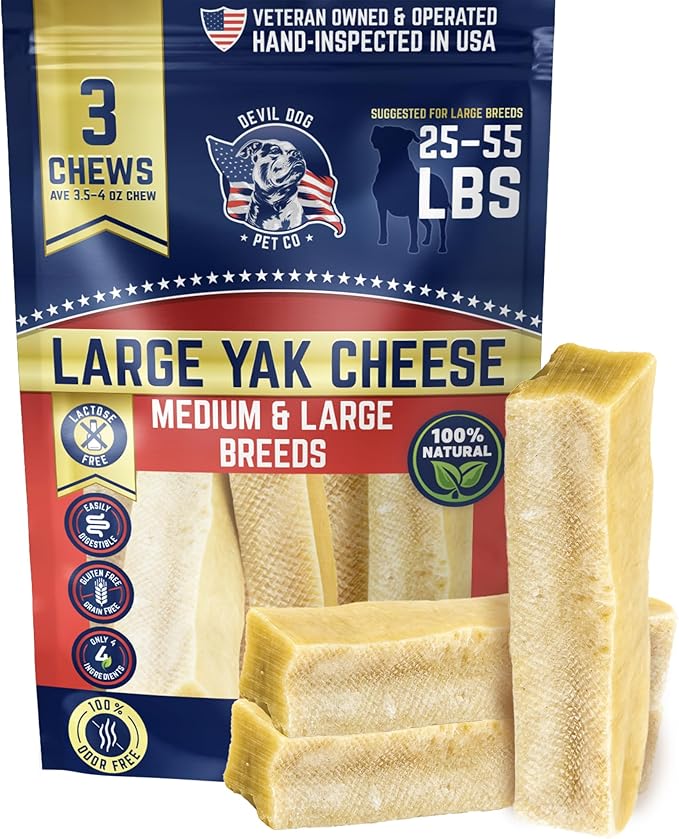 Devil Dog Pet Co - Yak Cheese Dog Chews Large 3 Pack for Aggressive Chewers - Odor-Free Long Lasting Himalayan Treats, Medium & Large Breeds 25-55 lbs, 4-Ingredient Dental Enrichment & Anxiety Relief