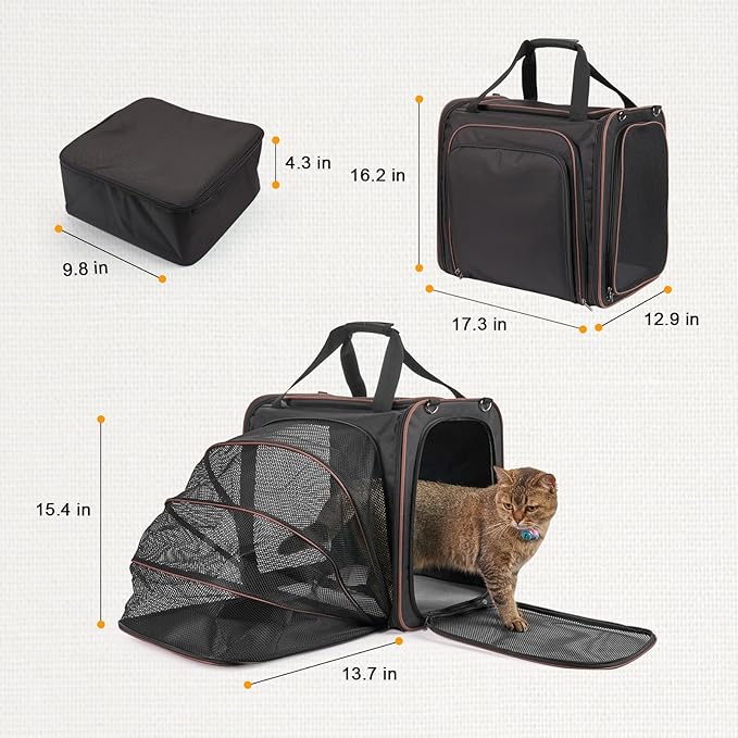 Cat Carrier with Litter Box, Expandable Cat Carrier with Litter Box for Car Travel, up to 20 lb to Road Trip, Camping, or Hotel, Black