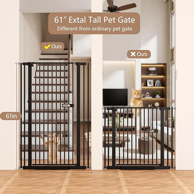 61" Extra Tall Dog Gate Indoor for Doorways, 30.1-33.8" Wide Auto Close Cat Pet Gate Indoor for Stairs, No Drilling High Pressure Mounted for Hallways/Kitchen, Narrow Bar Spacing, Black