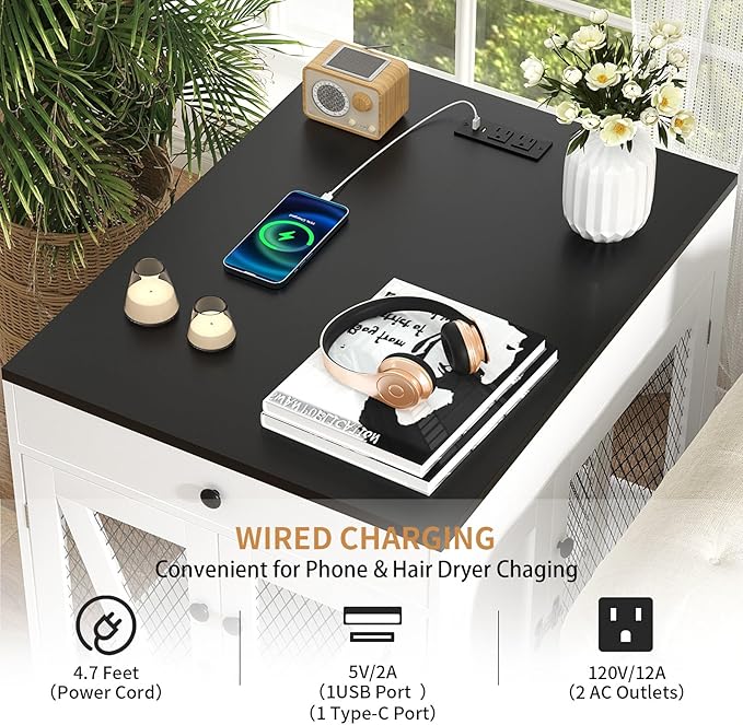 VOWNER Dog Crate Furniture, Wooden Dog Kennel End Table with USB Charging Station, Storage Drawer, Double Latched Door, Furniture-Style Crate Side Table for Medium Dogs Under 40 lbs Indoor Use, White