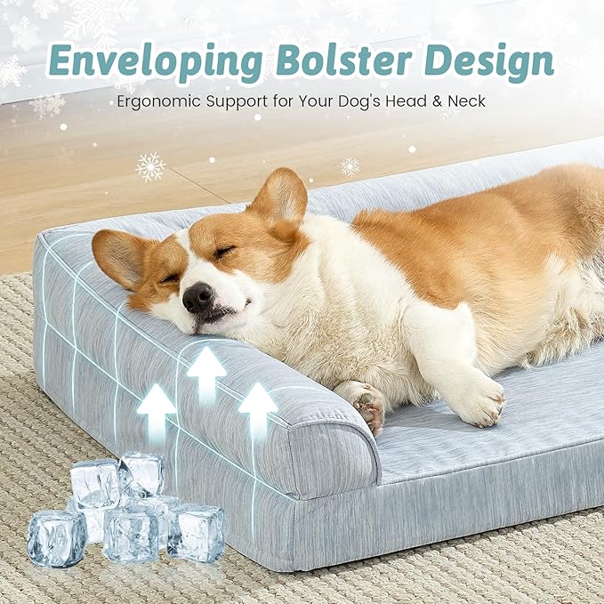 Cooling Dog Bed, Orthopedic Foam Dog Bed with Sides, Removable Cover & Waterproof Lining and Nonskid Bottom, Comfortable Pet Beds for Dogs, Blue (36" L x 27" W x 6.5" Th)