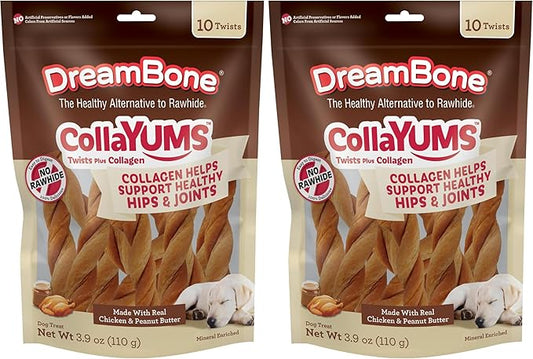 DreamBone CollaYUMS Twists Plus Collagen Chews for Dogs, 10 Count, Treat Your Dog to Rawhide-Free Chews Made with Chicken, Vegetables and Peanut Butter (Pack of 2)