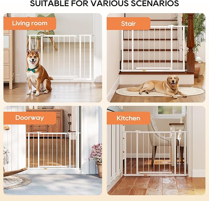 BestPet 30”Tall Dog Gate for Stairs & Doorways, Fits 28.5”-39.7” Wide Openings,Walk-Through Metal Pet Gate for Indoor Use,Adjustable Safety Gates for Pets,White