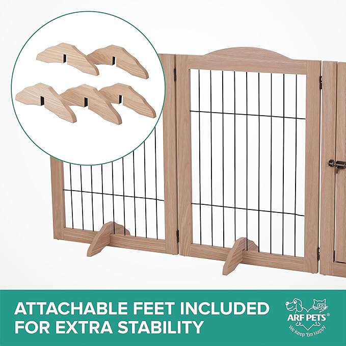 Arf Pets Freestanding Dog Gate with Door, 6 Panel 360° configurable Wooden Wire Fence, 132" Wide, 31.5" Tall, Foldable, Five Support Feet Included, for The House - Indoor Use